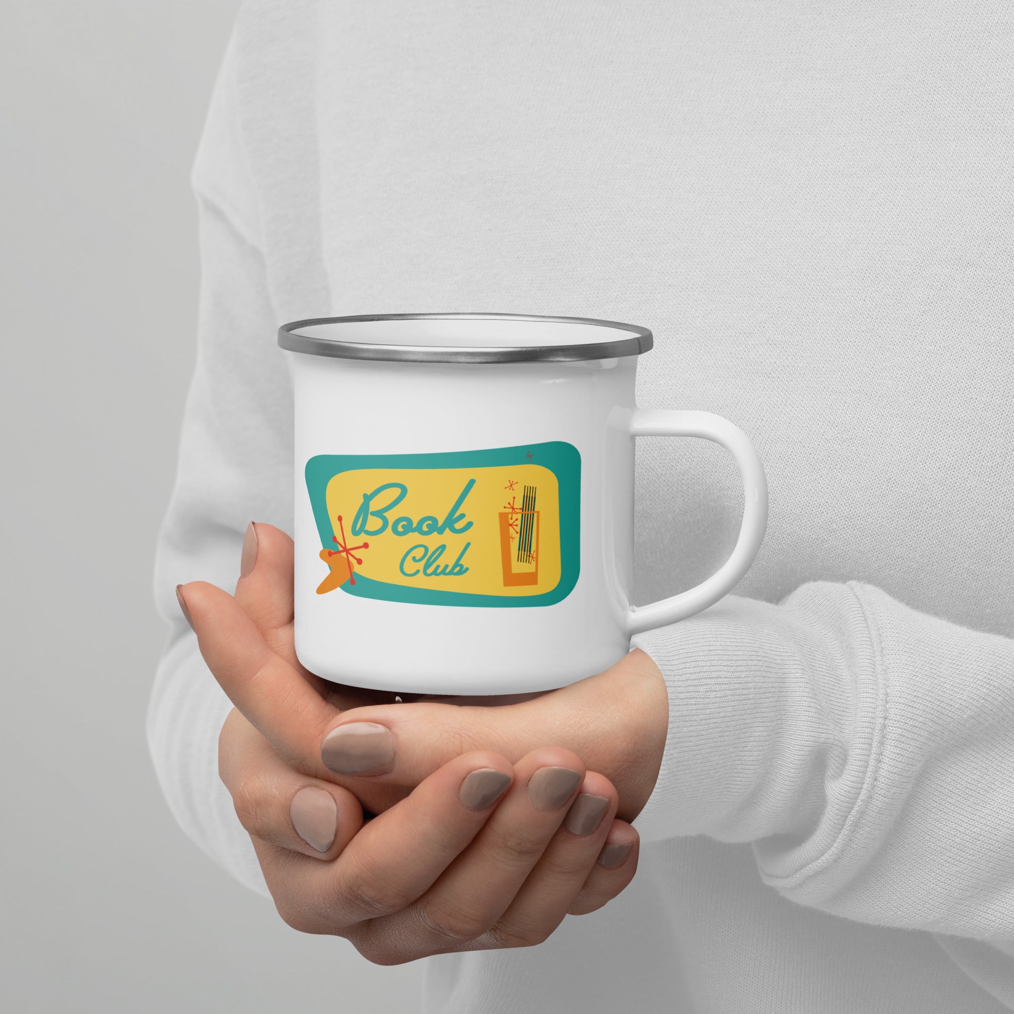 Book Club - White Enamel Mug - Mid-Century Modern