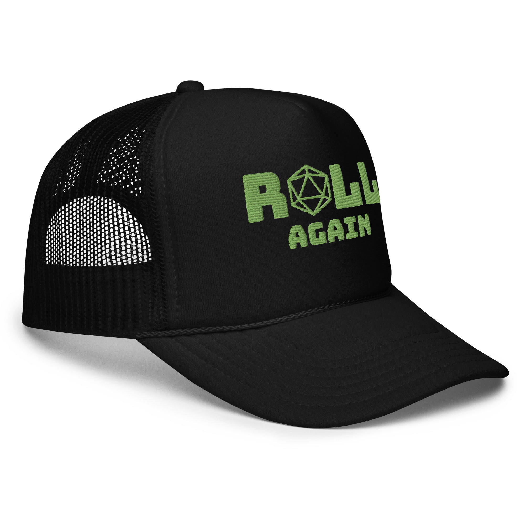 Roll Again TTRPG embroidered and comfy foam trucker hat for GMs and DMs