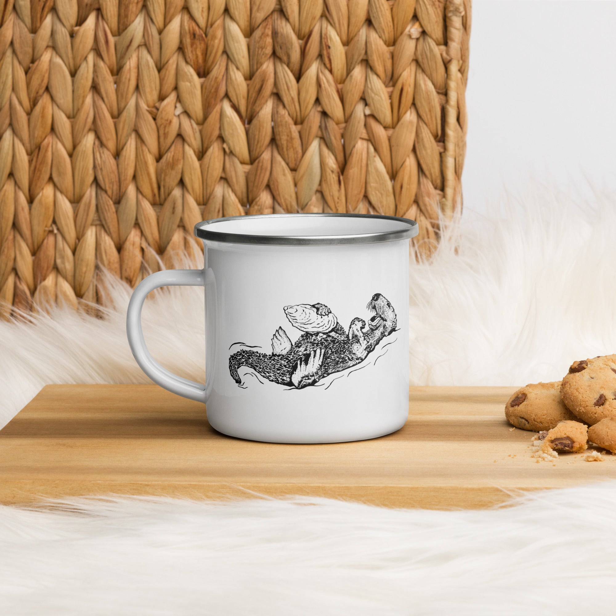 Sea Otter with Oyster - White Enamel Camping Mug 12 oz.