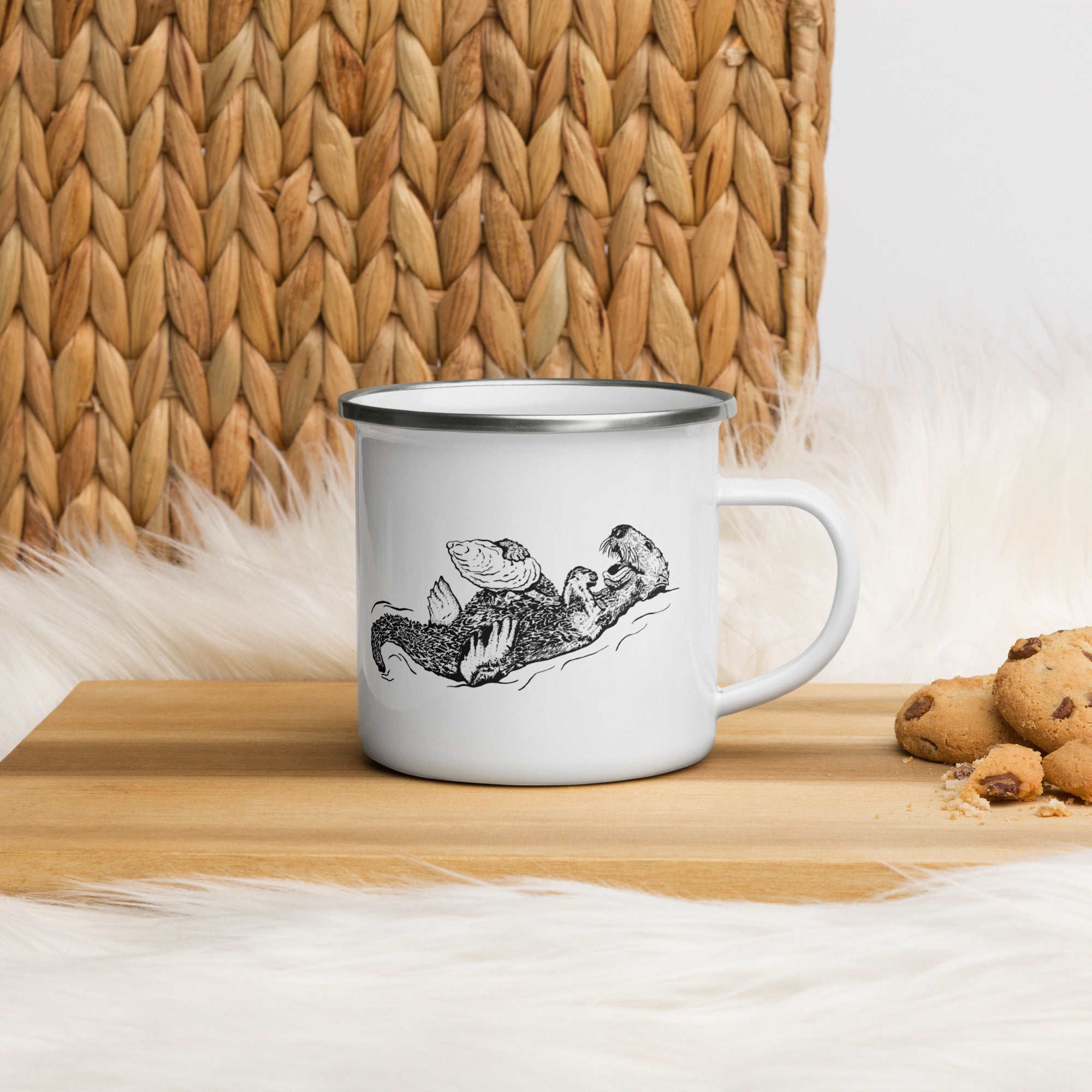 Sea Otter with Oyster - White Enamel Camping Mug 12 oz.