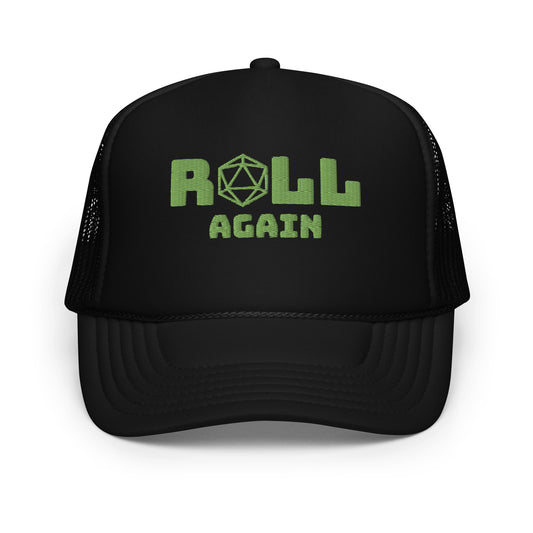 Roll Again TTRPG embroidered and comfy foam trucker hat for GMs and DMs