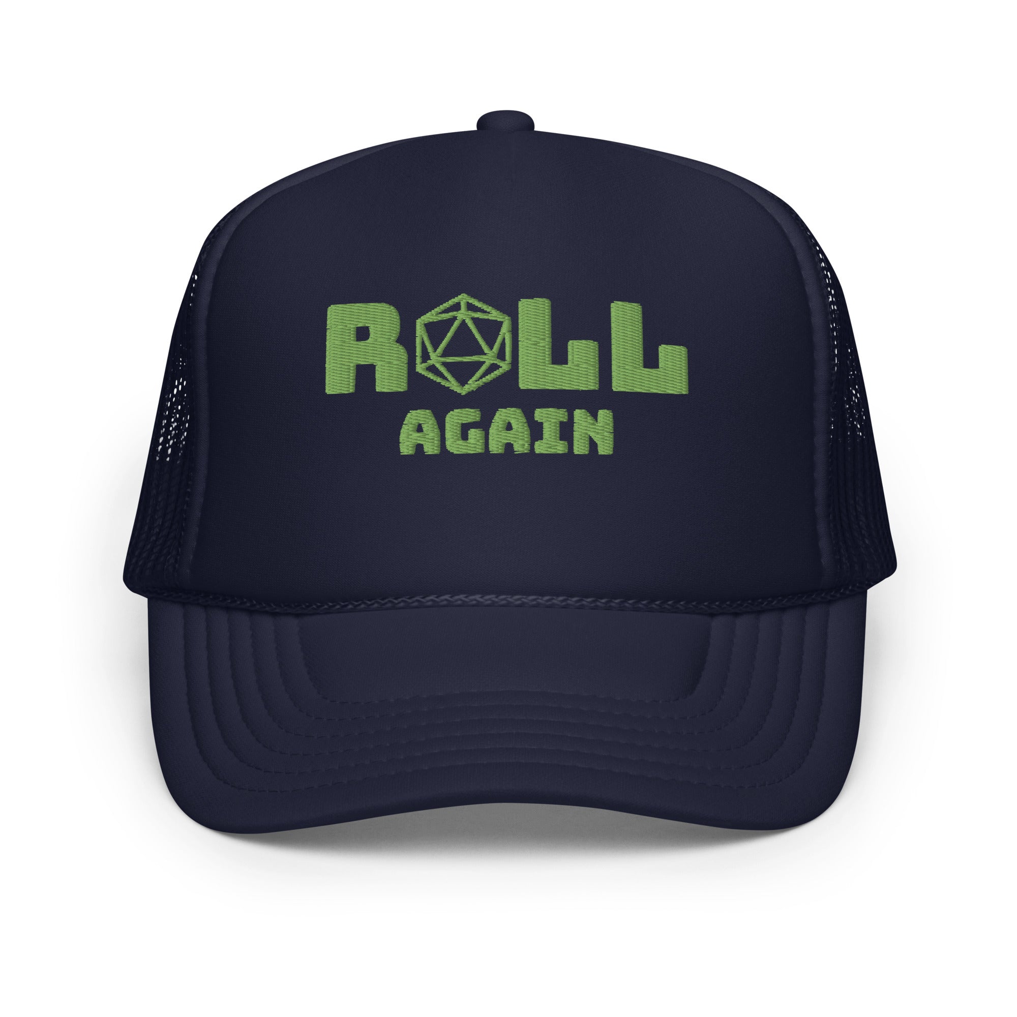 Roll Again TTRPG embroidered and comfy foam trucker hat for GMs and DMs