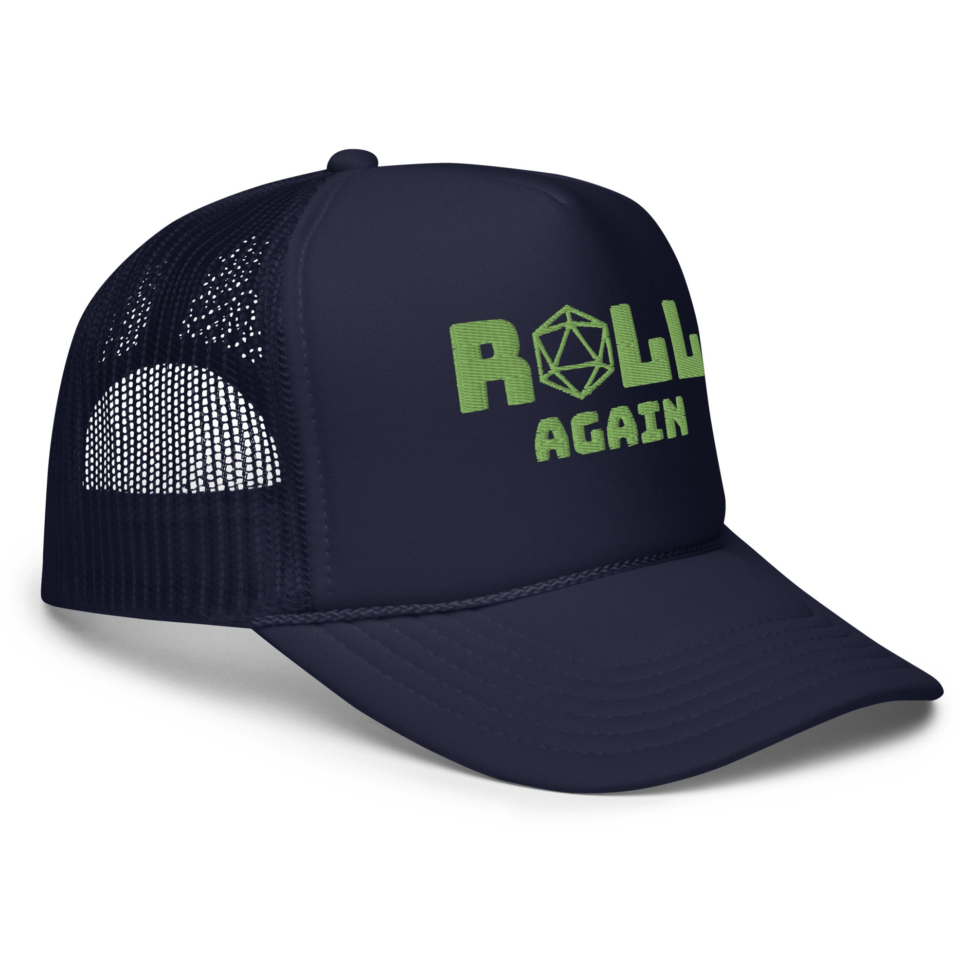 Roll Again TTRPG embroidered and comfy foam trucker hat for GMs and DMs